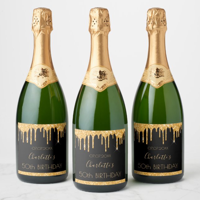 Birthday party black gold glitter 50 years sparkling wine label (Bottles)