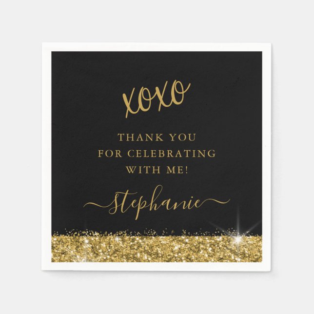 Birthday Party Black Gold Glitter Confetti Napkin (Front)