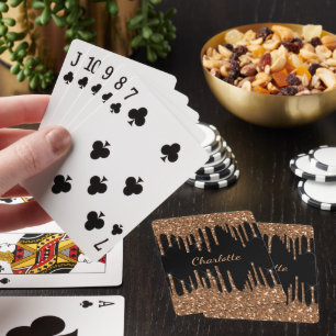 Birthday party black gold glitter drips monogram playing cards