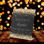 Birthday party black gold glitter dust welcome pedestal sign<br><div class="desc">A sign for a girly and glamourous 50th (or any age) birthday party.  A black background with faux gold glitter dust. Personalize and add a text,  name and age 50. The name is written with a modern hand lettered style script.</div>