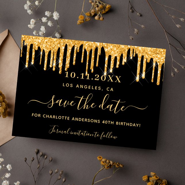 Birthday party black gold glitter save the date (Creator Uploaded)