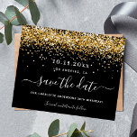 Birthday party black gold glitter save the date<br><div class="desc">A Save the Date card for a 30th (or any age) birthday party. A stylish black background decorated with faux gold glitter dust. Personalize and add a date and name/age.  The text: Save the Date is written with a large trendy hand lettered style script with swashes.</div>