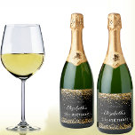 Birthday party black gold name sparkling wine label<br><div class="desc">A wine label for a girly and glamorous 21st (or any age) birthday party.  A black background with faux gold confetti. Personalize and add a date,  name and age 21. The name is written with an elegant hand lettered style script.</div>