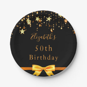 Birthday party black gold stars modern monogram paper plate