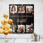 Birthday party black gold stars photo collage tapestry<br><div class="desc">A black background decorated with golden stars and 6 square photos.  Personalize and add the age and a name.  The name is written with a trendy hand lettered style script.</div>