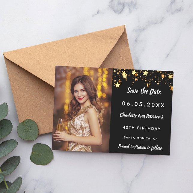 Birthday party black gold stars photo save the date (Creator Uploaded)