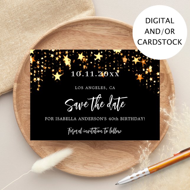 Birthday party black gold stars save the date card (Creator Uploaded)