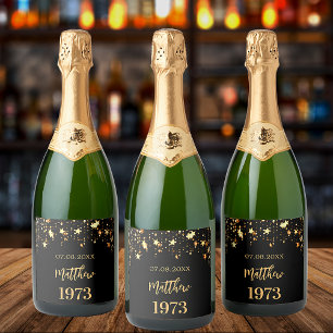 Birthday party black gold stars year born sparkling wine label