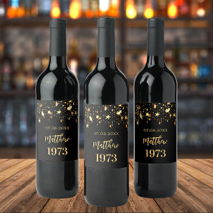 Birthday party black gold stars year born wine label