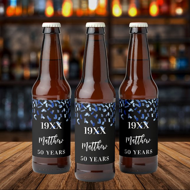 Birthday party black navy blue confetti name years beer bottle label (Creator Uploaded)