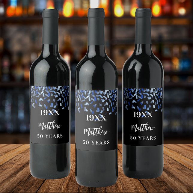 Birthday party black navy blue confetti name years wine label (Creator Uploaded)