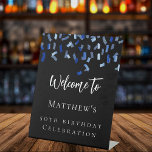 Birthday party black navy blue welcome pedestal sign<br><div class="desc">For a 50th (or any age) birthday party.  Black background,  white text.  Decorated with blue confetti.  Personalize and add a name and age.</div>