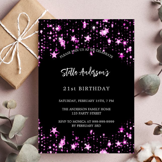 Birthday party black pink stars invitation (Creator Uploaded)