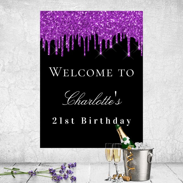 Birthday party black purple glitter drips welcome  poster (Creator Uploaded)