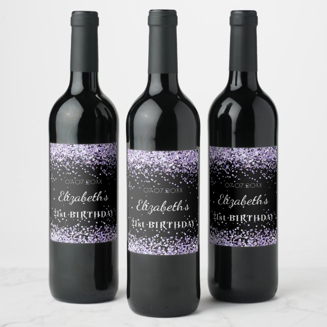 Birthday party black purple glitter dust name  wine label (Bottles)