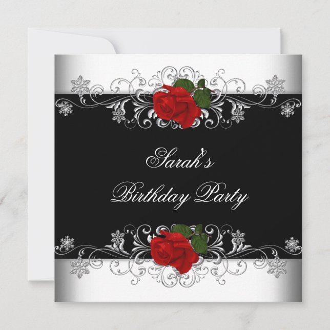 Birthday Party Black Red Rose White Flowers Invitation (Front)
