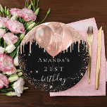 Birthday party black rose gold glitter balloons paper plate<br><div class="desc">For an elegant 21st (or any age) birthday party. A chic black background. Decorated with rose gold faux glitter drips,  paint dripping look,  glitter sparkles and balloons.  Personalize and add the name and age 21.</div>