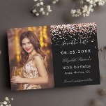 Birthday party black rose gold sparkles photo save the date<br><div class="desc">A photo Save the date for a 40th (or any age) birthday
On front: Add a vertical size photo. A black background colour,  decorated with rose gold faux glitter,  sparkles. Personalize and add a name and details.</div>