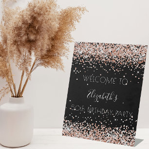 Birthday party black rose gold welcome pedestal sign