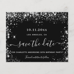 Birthday party black silver budget save the date flyer