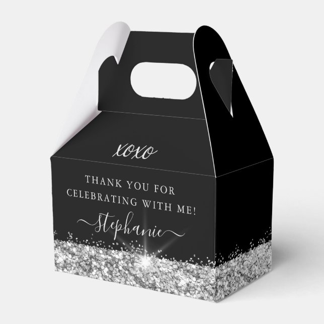 Birthday Party Black Silver Glitter Confetti Favor Box (Front Side)