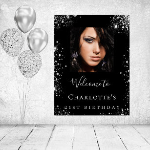 Birthday party black silver glitter photo welcome poster