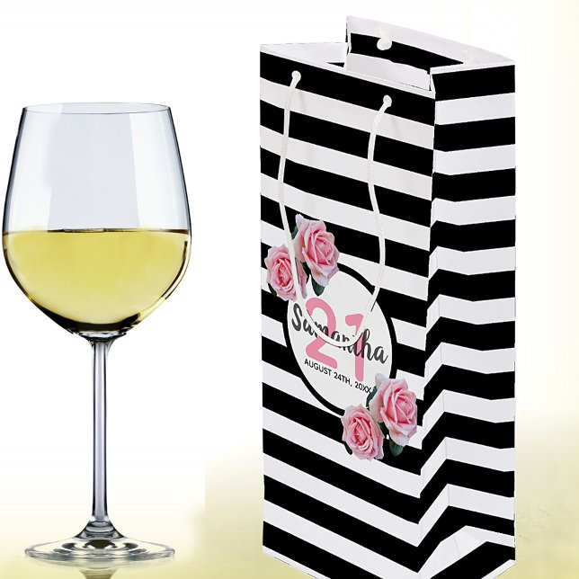 Birthday party black stripes pink florals name wine gift bag (Creator Uploaded)