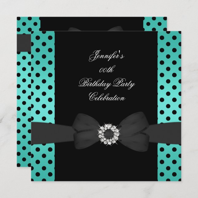 Birthday Party Black Teal Polka Dots Bow Invitation (Front/Back)