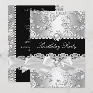Birthday Party Black White Damask Rose Silver 2 Invitation