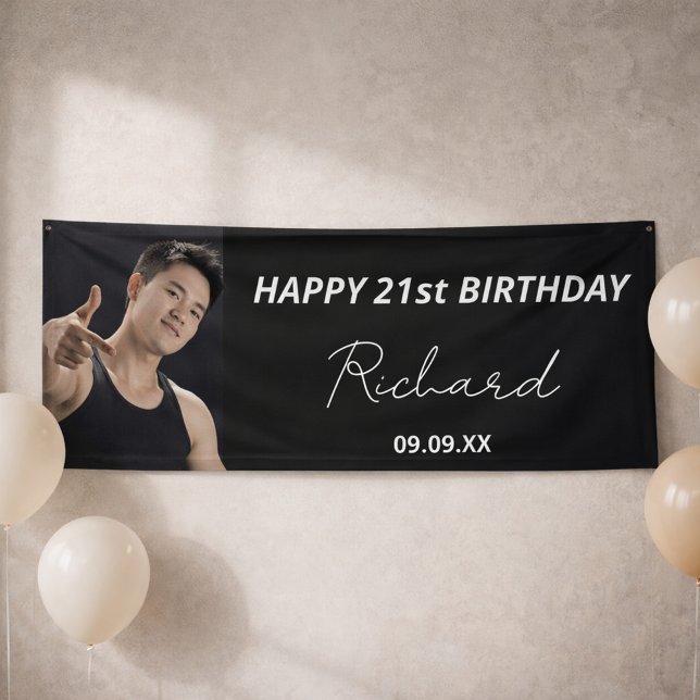 Birthday party black white photo modern guy banner (Creator Uploaded)