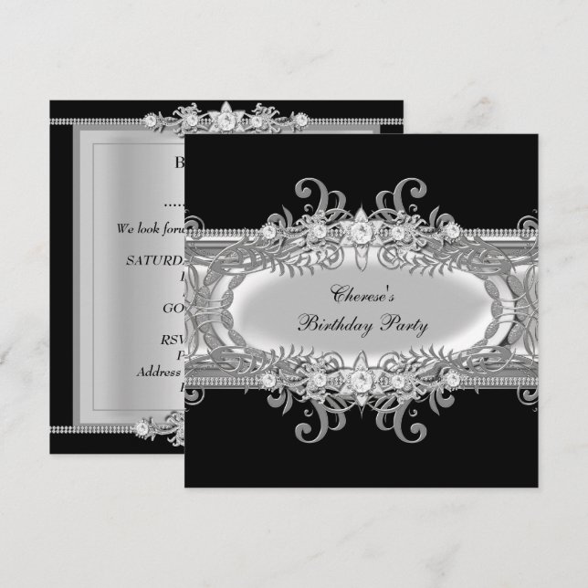 Birthday Party Black White Silver Jewel Image Invitation (Front/Back)