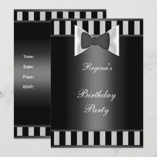 Birthday Party Black White stripe Bow tie Invitation