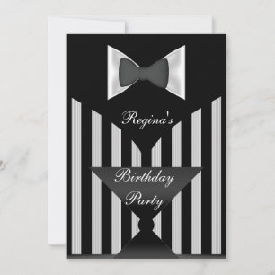 Birthday Party Black White stripe Bow tie Invitation