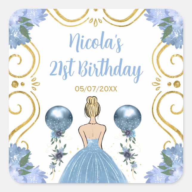 Birthday Party Blonde Princess in Dusty Blue Square Sticker (Front)