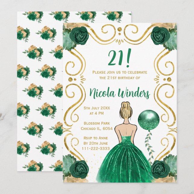 Birthday Party Blonde Princess in Green Invitation (Front/Back)