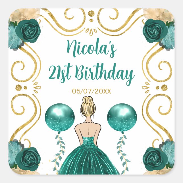 Birthday Party Blonde Princess in Teal Square Sticker (Front)