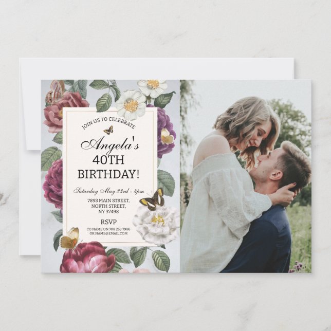 Birthday Party Bloom Butterfly Floral Photo Invitation (Front)
