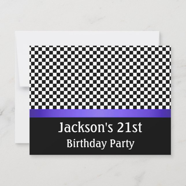 Birthday Party Blue Black & White Check Pattern Invitation (Front)