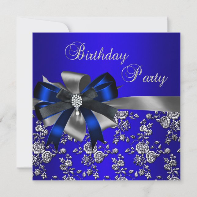 Birthday Party Blue Damask Pearl Silver Black Invitation (Front)