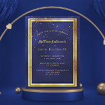 Birthday party blue gold shiny invitation postcard<br><div class="desc">A trendy,  modern 50th (or any age) birthday party invitation card for men,  guys,  male.   A dark blue,  navy blue background. The blue colour is uneven.  With a faux gold frame and golden confetti sprinkle,  golden coloured letters. Templates for your party information.
Back: plain postcard design.</div>