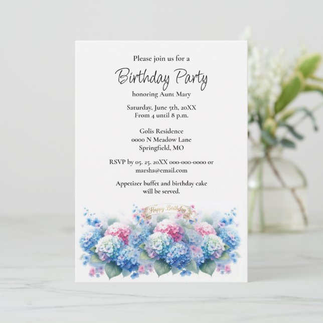 Birthday Party Blue Hydrangea Flower Invitation (Debout devant)