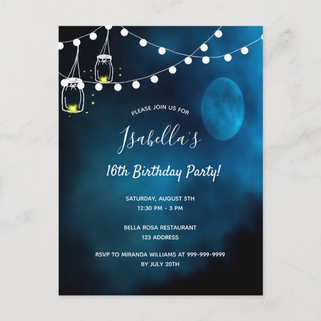  Birthday party blue moon lights mason jars Invitation Postcard (Front)