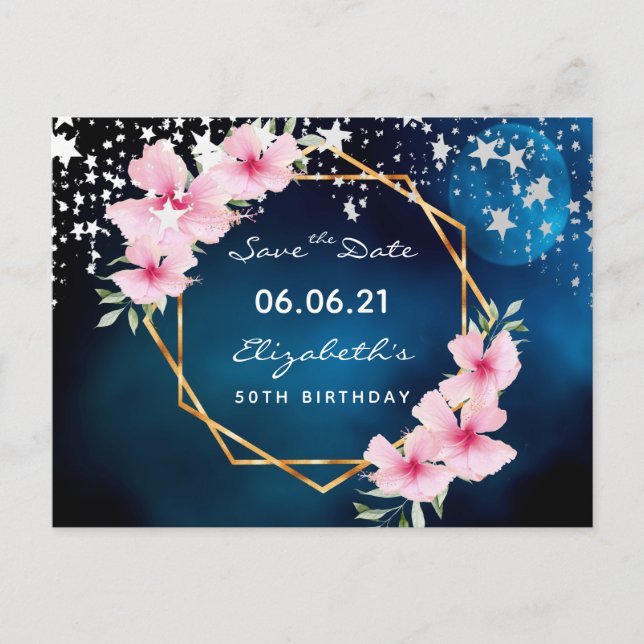 Birthday party blue moon pink floral Save the Date Postcard (Front)