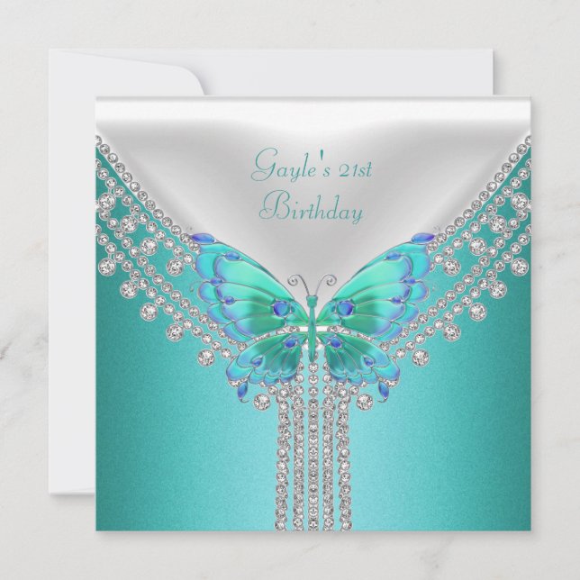 Birthday Party Blue Teal White Butterfly Invitation (Front)