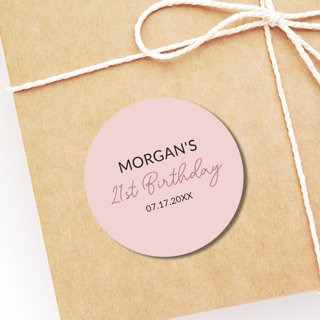 Birthday Party Blush Pink Cute Name Classic Round Sticker (Creator Uploaded)