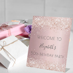 Birthday party blush pink glitter dust welcome pedestal sign