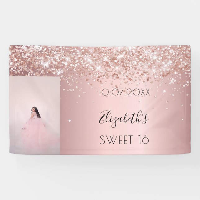 Birthday party blush pink glitter photo welcome  banner (Horizontal)