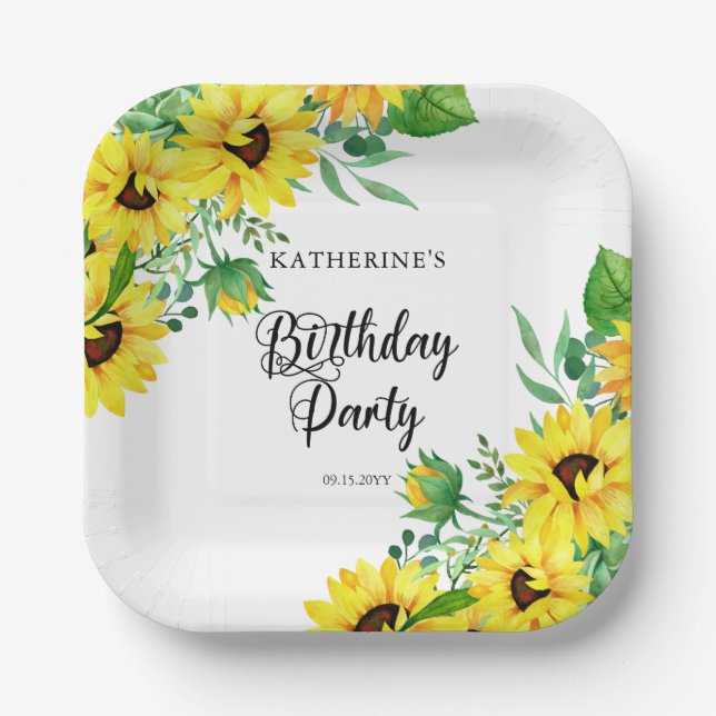 Birthday Party Boho Sunflowers | Eucalyptus Paper Plate (Front)