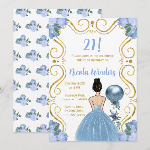 Birthday Party Brown Hair Princess in Blue Invitation