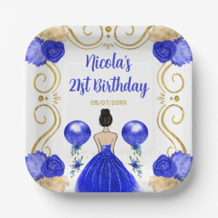 Birthday Party Brown Hair Princess in Blue Paper Plate